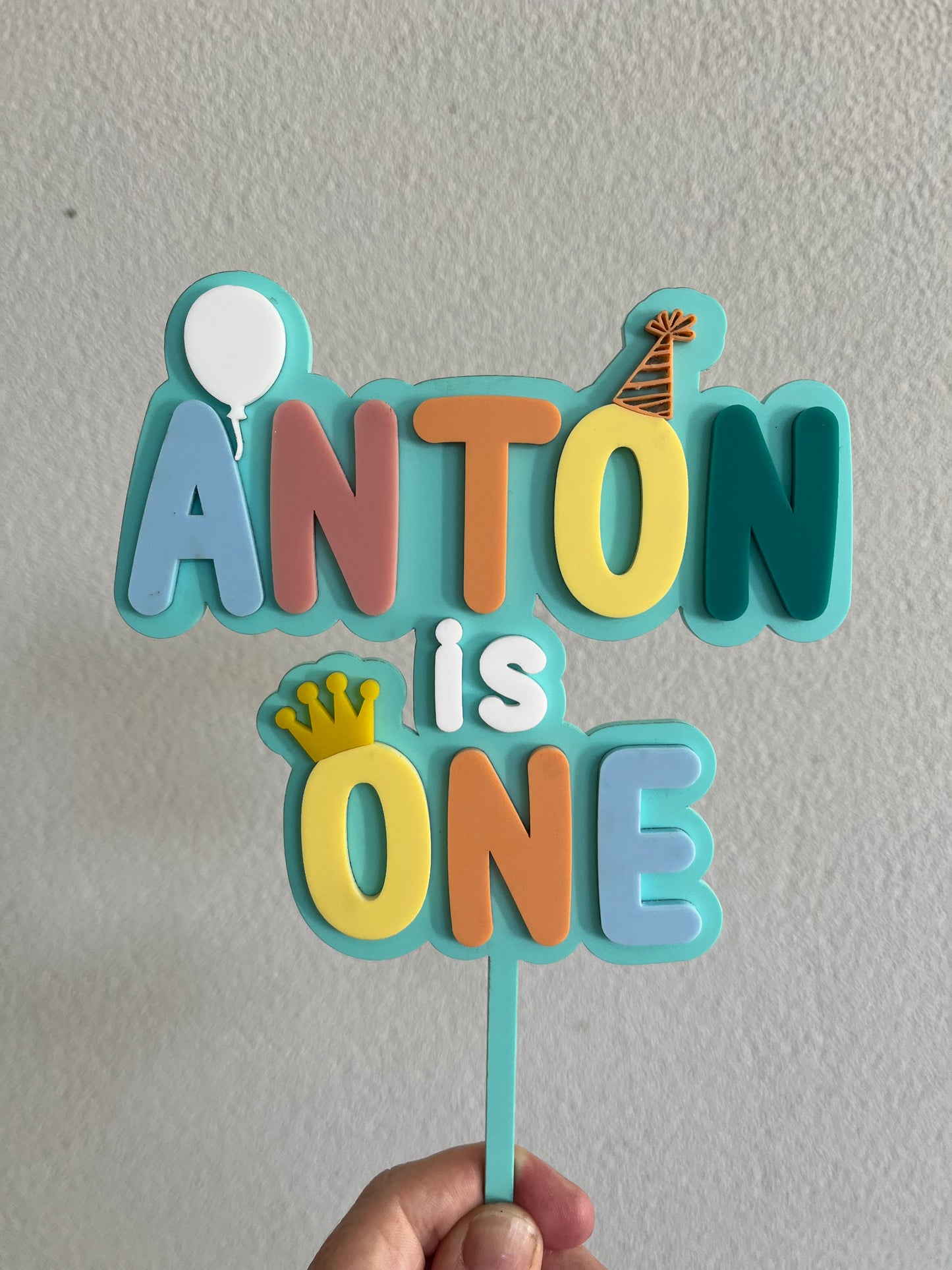 Personalised Name & Birthday Number with Balloon, Party Hat & Crown