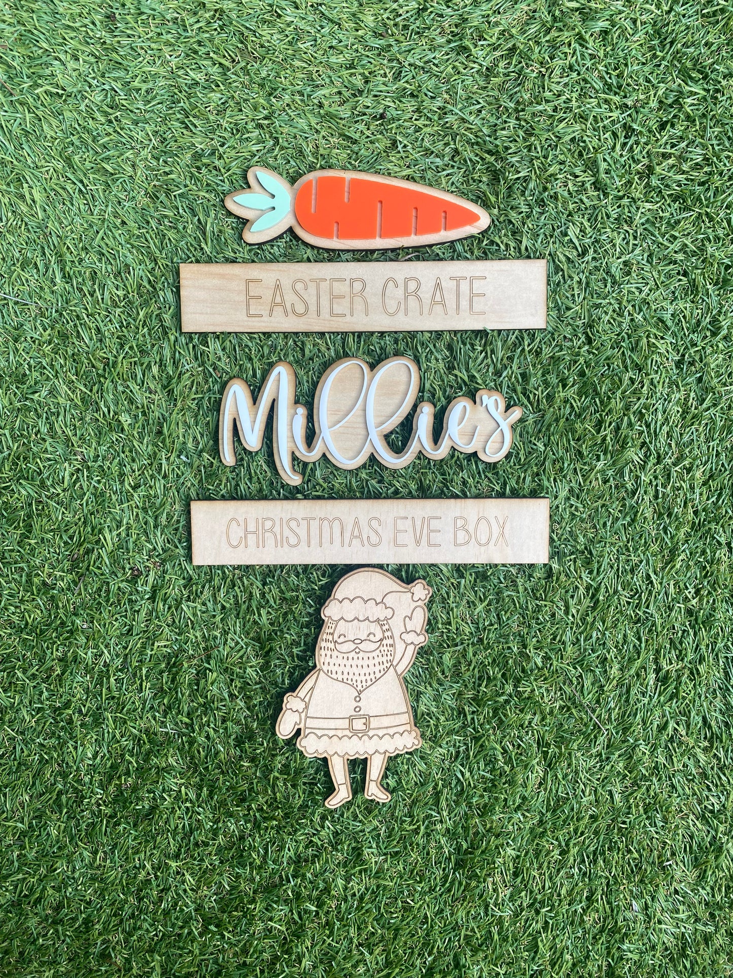 Personalised Wooden & Acrylic Christmas/Easter Box Decoration/ Names / Santa / Bunny/ Decoration Only