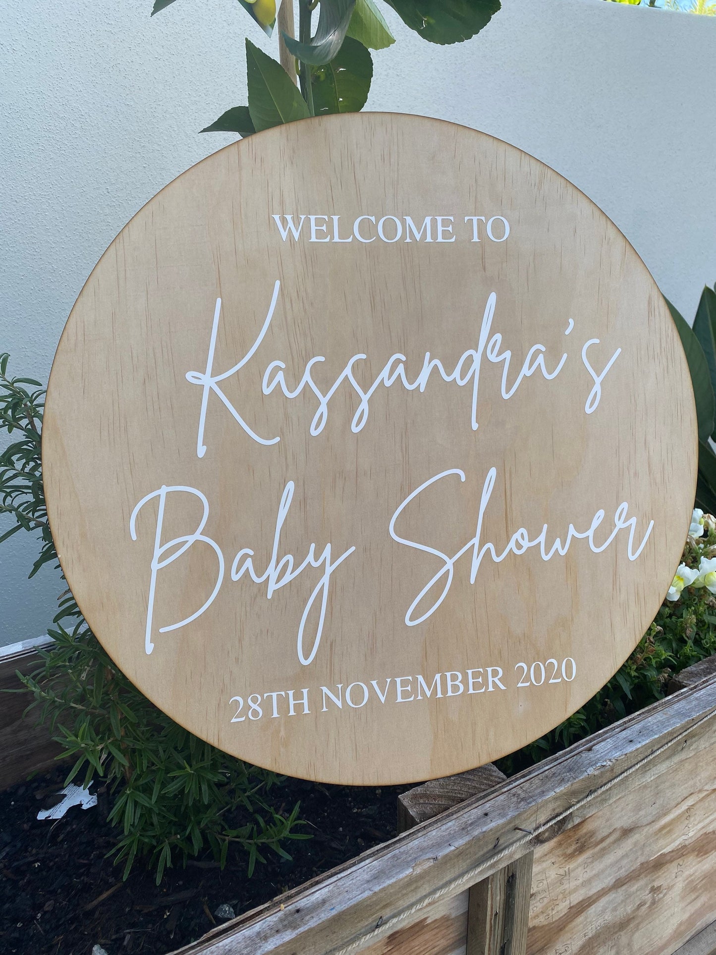Personalised Baby Shower Round Wooden Sign/Party Display/Photo Shoot