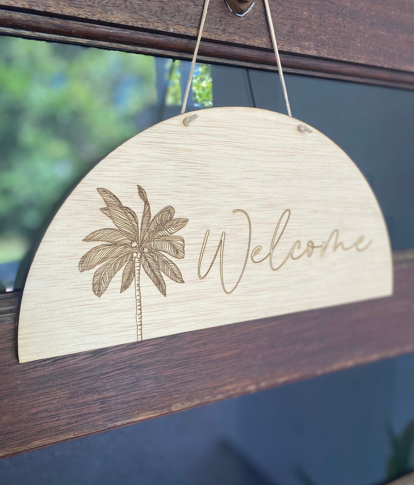 Wooden Engraved Palm Tree Welcome Sign