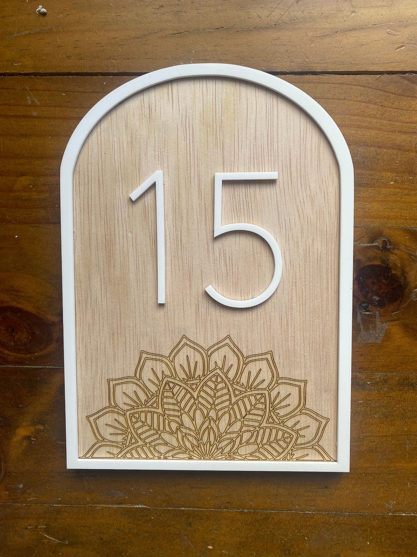 Mandala Engraved Wooden Arch House Number