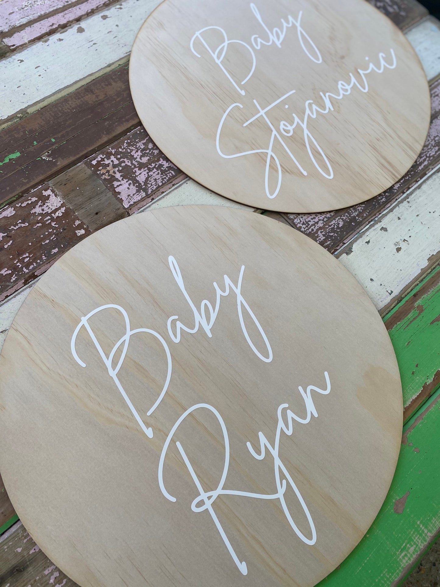 Personalised Baby Shower Round Wooden Sign/Party Display/Photo Shoot