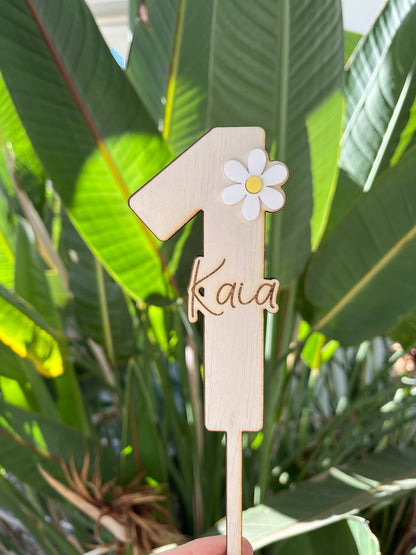 Wooden Birthday Number with Name & Daisy
