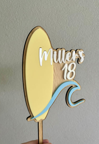 Personalised Surfboard with Wave Cake Topper