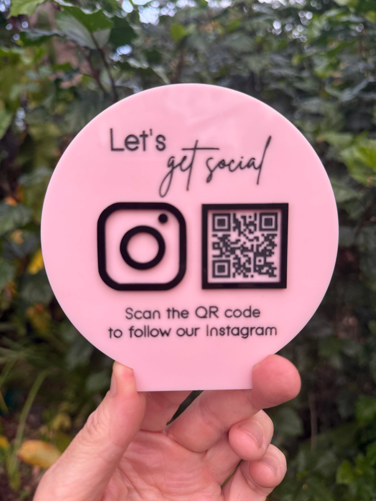 ‘Let’s get social’ QR acrylic circle sign with stand