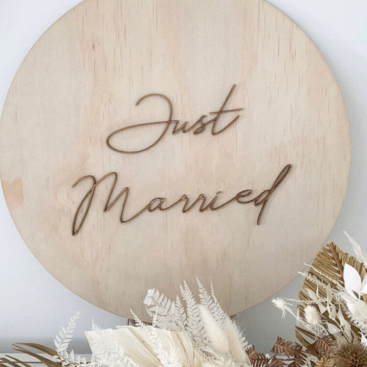 'Just Married' Round Wooden Sign / Alternative Guest Book image 0