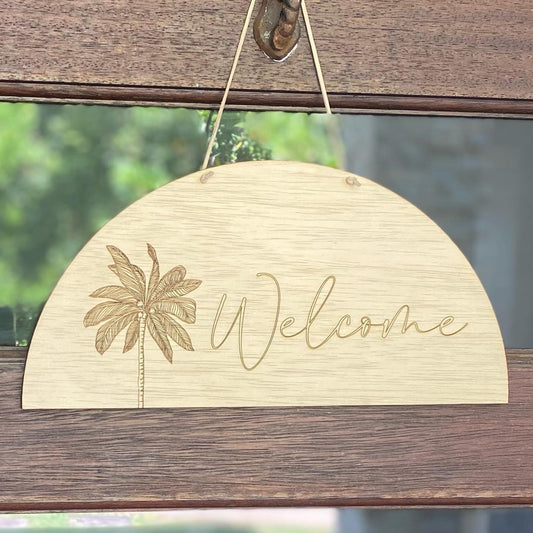 Wooden Engraved Palm Tree Welcome Sign