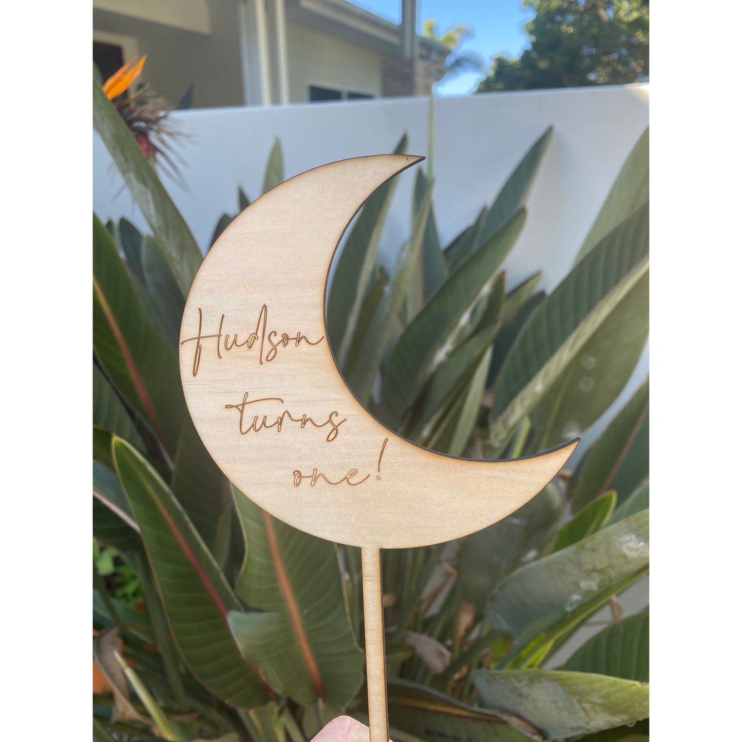 Wooden Engraved Half Moon Cake Topper