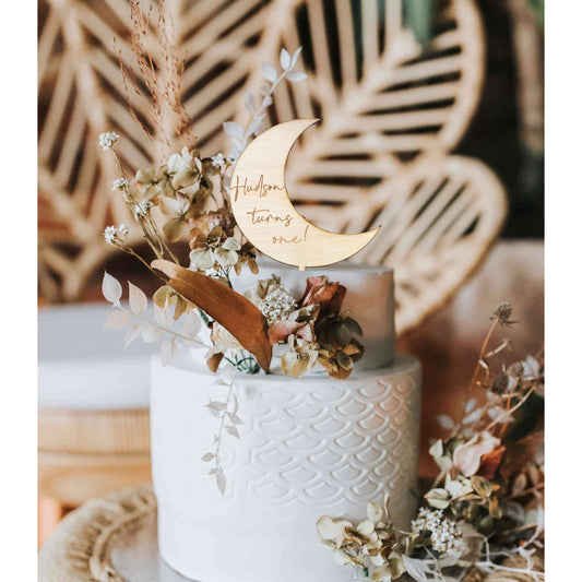 Wooden Engraved Half Moon Cake Topper