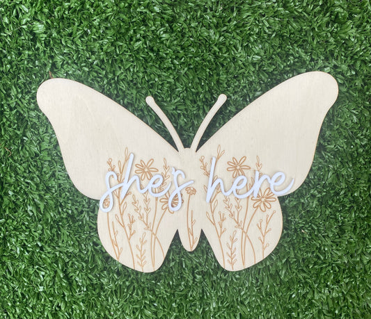 Wooden ‘she’s here’ or ‘he’s here’ butterfly sign/birth announcement/room decor