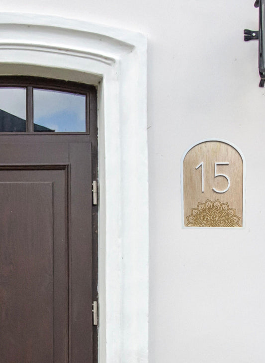 Mandala Engraved Wooden Arch House Number