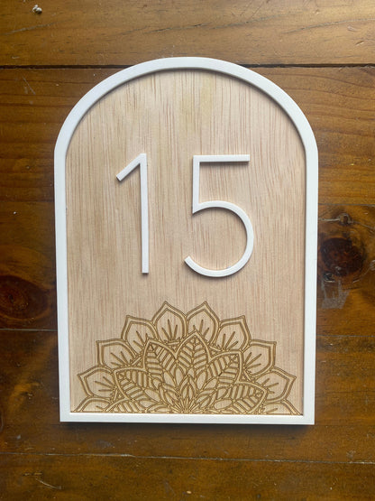 Mandala Engraved Wooden Arch House Number