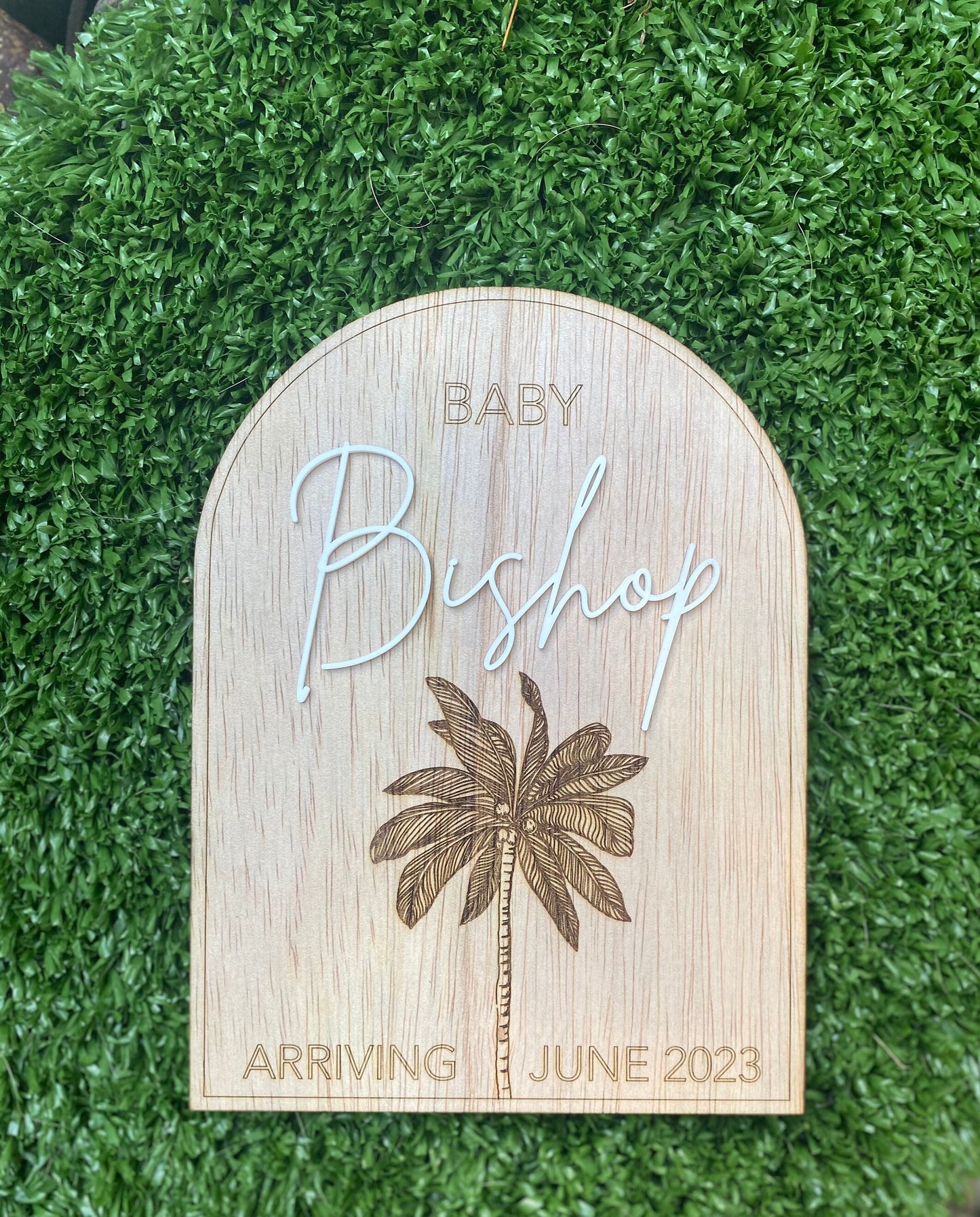 Custom Pregnancy Announcement | Photo Prop | Baby Announcement | Wooden Arch | Palm Tree | Boho Decor