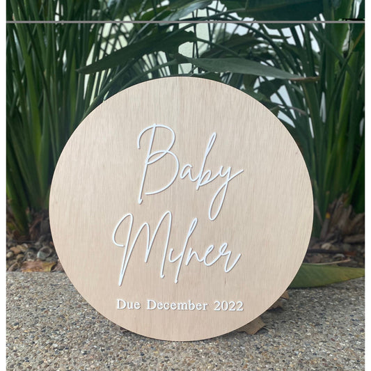 Personalised Baby Shower Round Wooden Sign/Party Display/Photo Shoot
