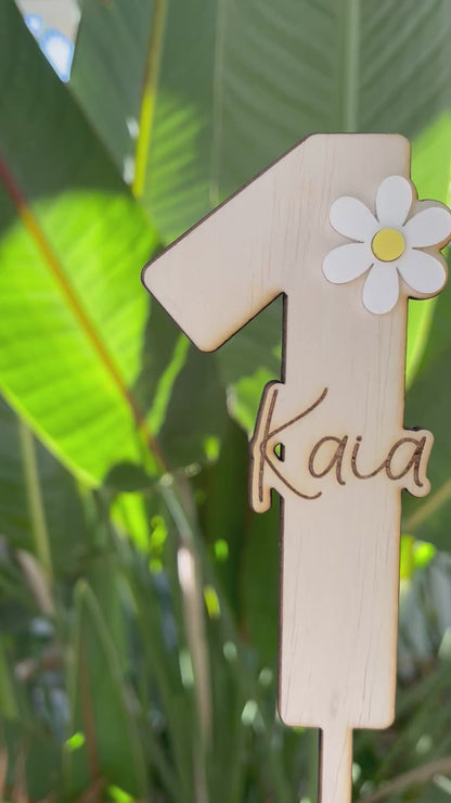 Wooden Birthday Number with Name & Daisy